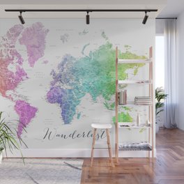 Wanderlust rainbow watercolor detailed world map Jude Wall Mural