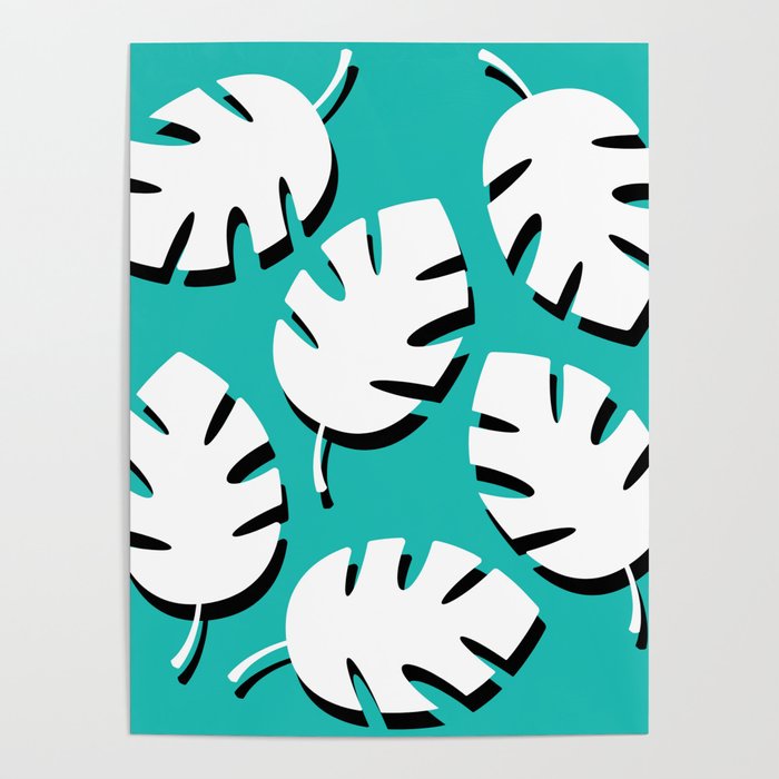 Black & White Fronds On Turquoise Poster