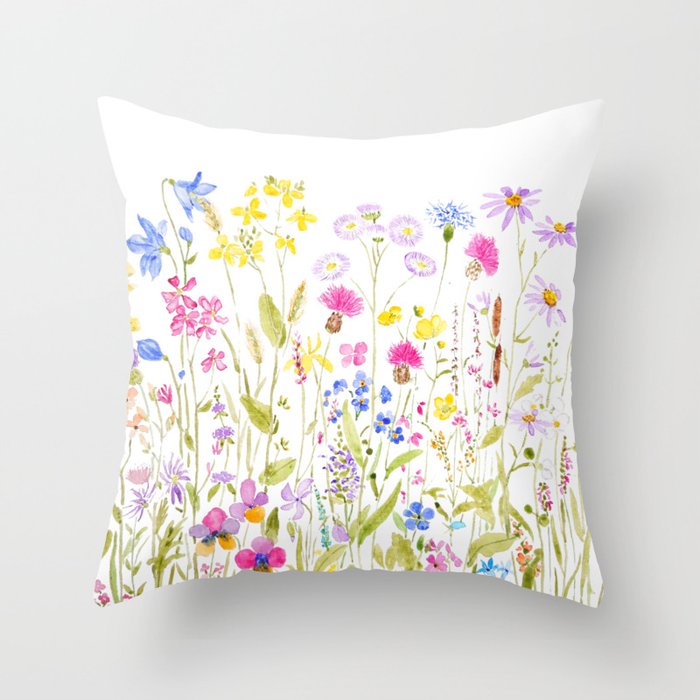 botanical colorful wildflower garden watercolor painting horizontal Throw Pillow