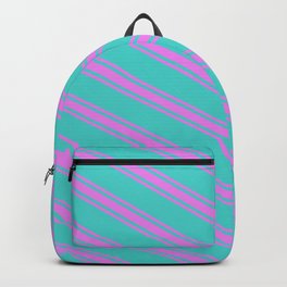 [ Thumbnail: Turquoise & Violet Colored Lined/Striped Pattern Backpack ]