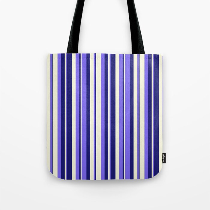 Beige, Medium Slate Blue & Midnight Blue Colored Lined Pattern Tote Bag