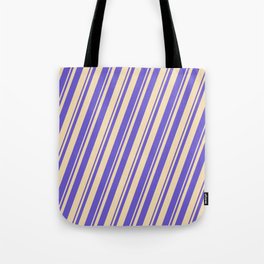 [ Thumbnail: Tan & Slate Blue Colored Striped Pattern Tote Bag ]