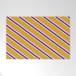 [ Thumbnail: Colorful Brown, Goldenrod, Light Pink, Blue, and Mint Cream Colored Lined/Striped Pattern Welcome Mat ]