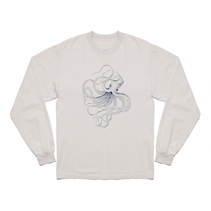 Blue nautical vintage octopus illustration Long Sleeve T Shirt