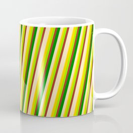 [ Thumbnail: Vibrant Beige, Yellow, Chartreuse, Red & Green Colored Pattern of Stripes Coffee Mug ]