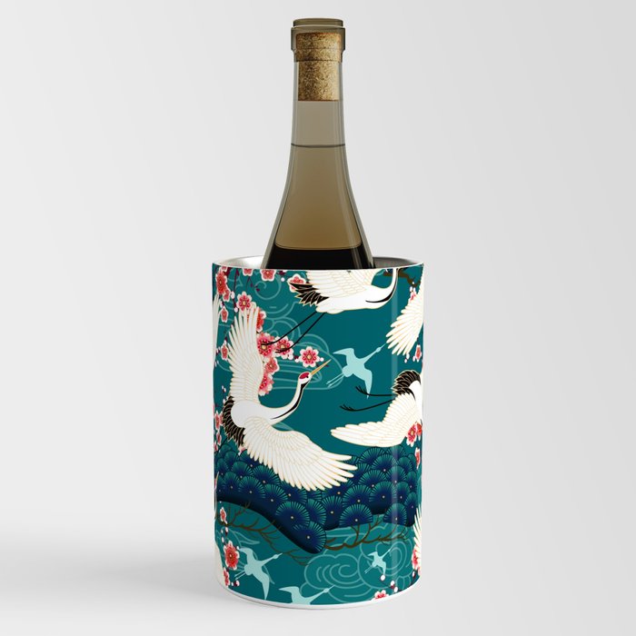 Japanese Crane Oriental Teal Ocean Pattern Wine Chiller