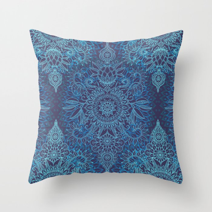 Aqua, Cobalt Blue & Purple Protea Doodle Pattern Throw Pillow