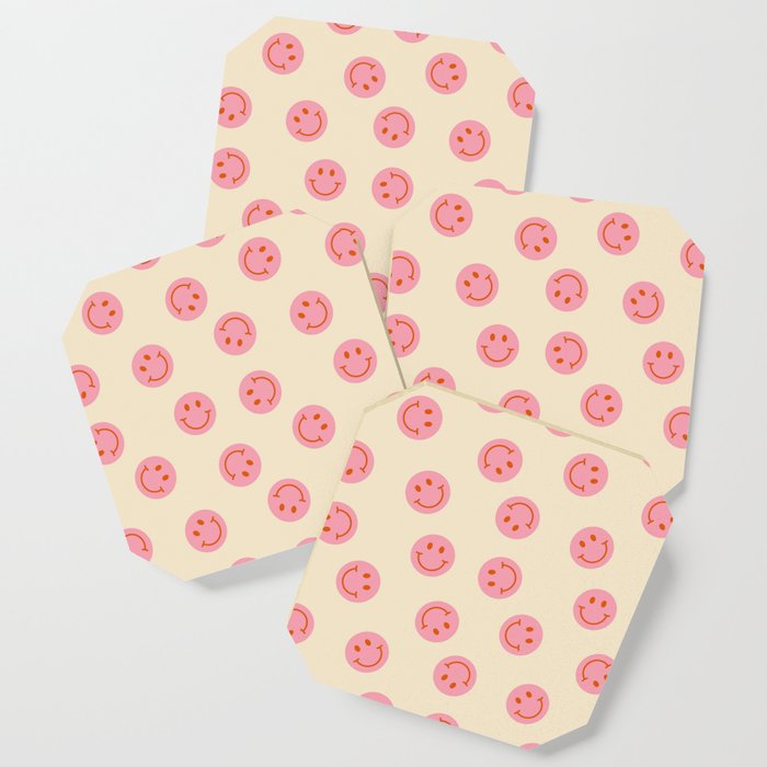 70s Retro Smiley Face Pattern in Beige & Pink Coaster