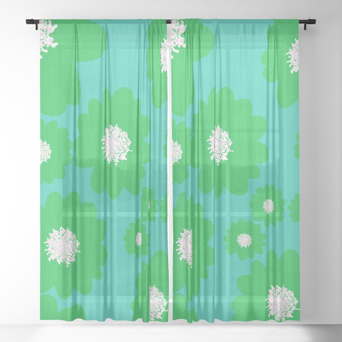 Cheerful Green Retro Modern Flowers On Turquoise Sheer Curtain