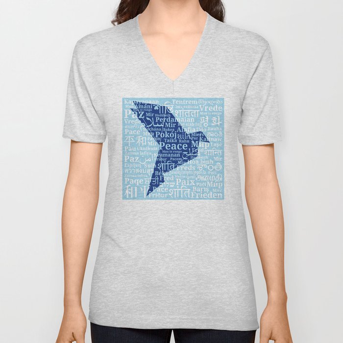 Dove-origami on the background of the word "Peace" in different languages of the World V Neck T Shirt