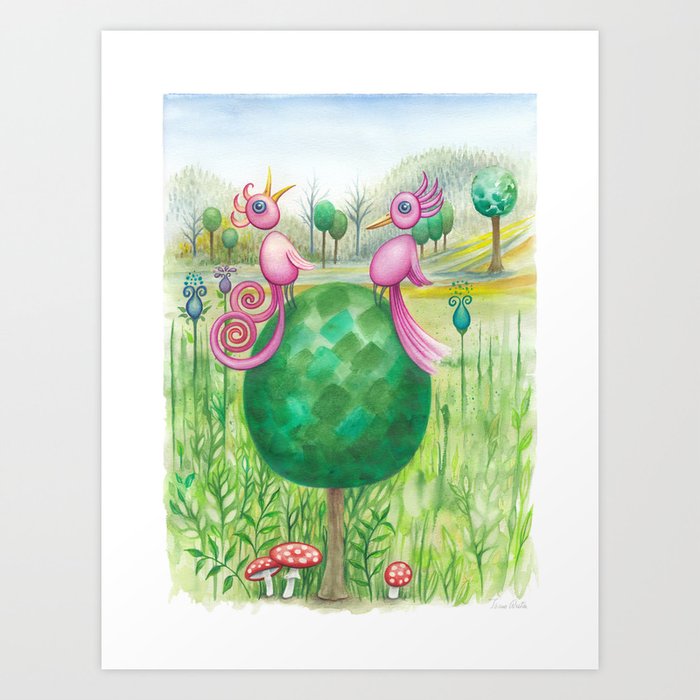 2 Cute Pink Birds In A Tree Art Print