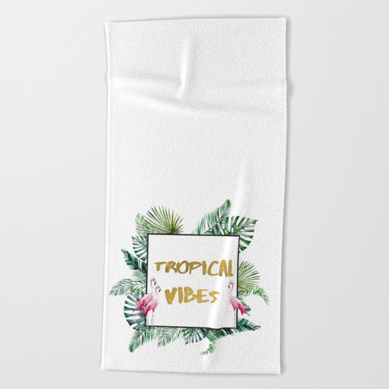 Aloha - Tropical Vibes Typography with Palm Leaves and Flamingo Beach Towel