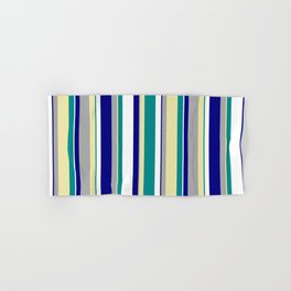 [ Thumbnail: Eye-catching Dark Cyan, Pale Goldenrod, Dark Grey, Blue, and White Colored Lines Pattern Hand & Bath Towel ]