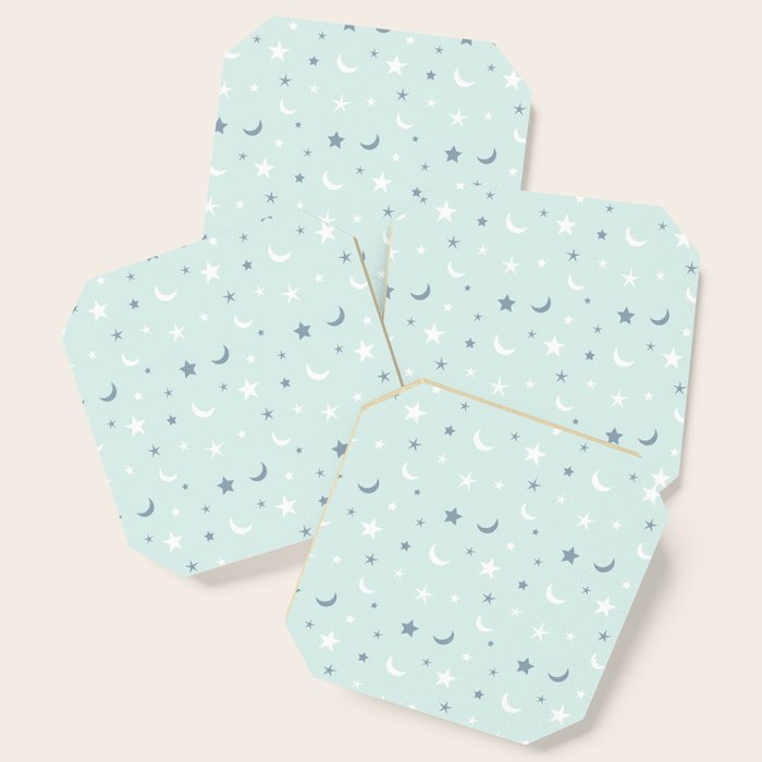 Baby blue background with blue and white moon and star pattern Coaster