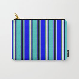 [ Thumbnail: Blue, Light Yellow, Turquoise, and Black Colored Striped/Lined Pattern Carry-All Pouch ]