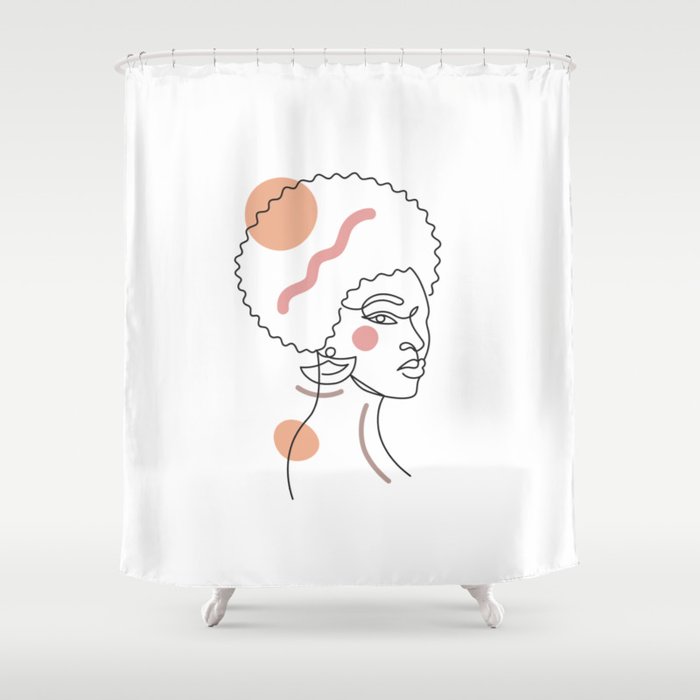 African woman in a line art style with abstract shapes. Isolated on white. Shower Curtain