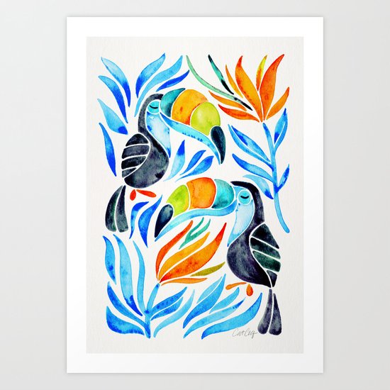 Tropical Toucans – Blue Leaves Art Print