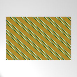 [ Thumbnail: Dark Goldenrod, Turquoise & Dark Green Colored Lines/Stripes Pattern Welcome Mat ]