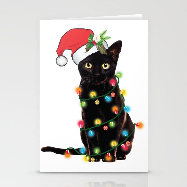 Santa Black Cat Tangled Up In Lights Christmas Santa Graphic Stationery Cards