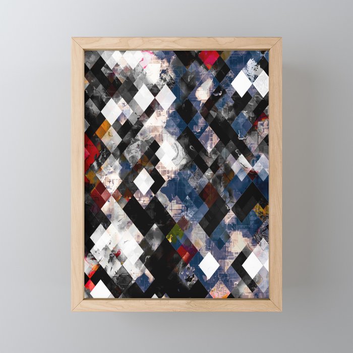 geometric pixel square pattern abstract background in blue red black Framed Mini Art Print