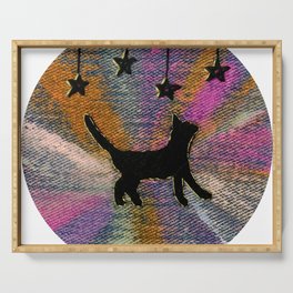 Starburst Kitty - Black Cat with Gold Stars and Rainbow Embroidery Serving Tray