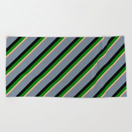 [ Thumbnail: Light Salmon, Light Slate Gray, Black, Green, and Light Cyan Colored Stripes/Lines Pattern Beach Towel ]