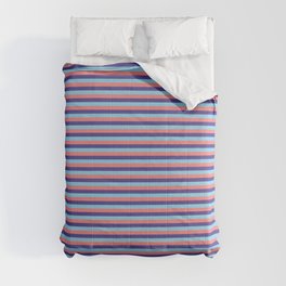 [ Thumbnail: Dark Slate Blue, Sky Blue, and Light Coral Colored Stripes Pattern Comforter ]