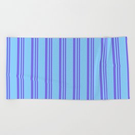 [ Thumbnail: Medium Slate Blue and Light Sky Blue Colored Pattern of Stripes Beach Towel ]