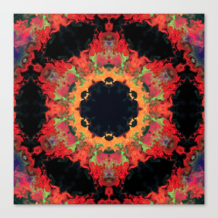 Psychedelic Kaleidoscope Flower Red Orange and Green Canvas Print