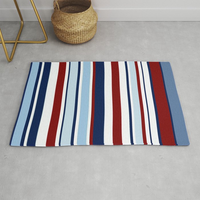 Nautical Stripes Blue Red White Rug, Blue And White Stripped Rug