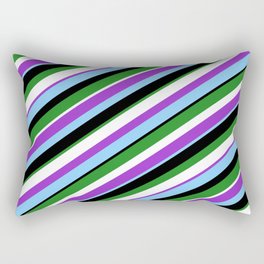 [ Thumbnail: Dark Orchid, Light Sky Blue, Black, Forest Green, and White Colored Lines Pattern Rectangular Pillow ]