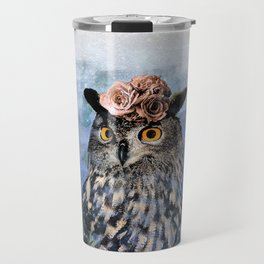 Painting of cute owl with flowers on his head (blue background) - nature Travel Mug