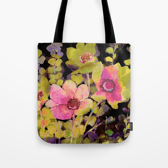 pink flowers and foliage on black Tote Bag by clemm | Society6