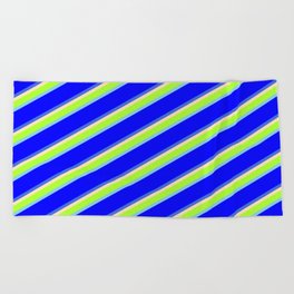 [ Thumbnail: Beige, Light Green, Sky Blue, Blue & Royal Blue Colored Pattern of Stripes Beach Towel ]