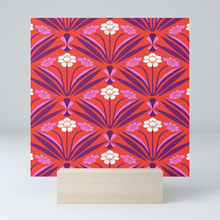 Art deco floral pattern in red, pink, and purple Mini Art Print