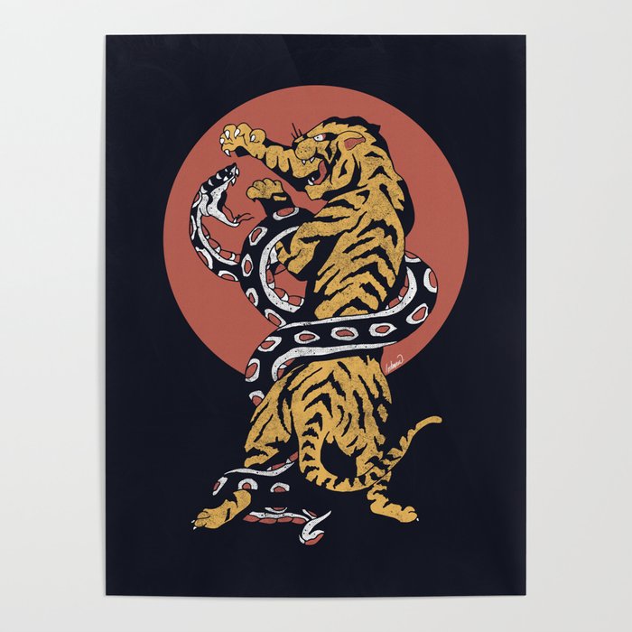 Classic Tattoo Snake vs Tiger Poster