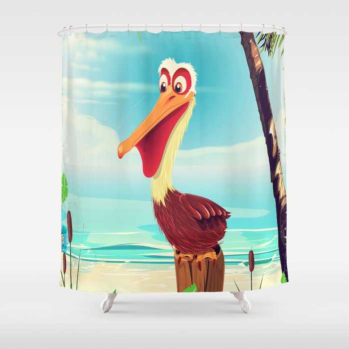 Vintage Pelican on the beach Shower Curtain