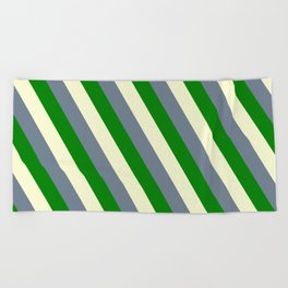 [ Thumbnail: Light Yellow, Slate Gray, and Green Colored Lined Pattern Beach Towel ]