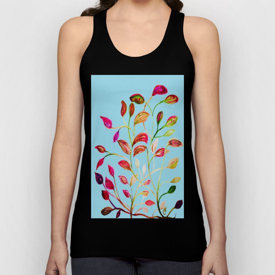 Red and Green Leaves on Light Blue Unisex Tank Top