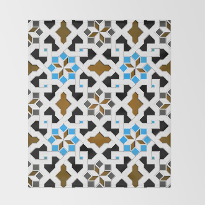 Oriental Pattern Geometric Design Blue Brown Throw Blanket By