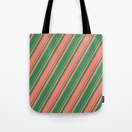 [ Thumbnail: Salmon and Sea Green Colored Stripes Pattern Tote Bag ]