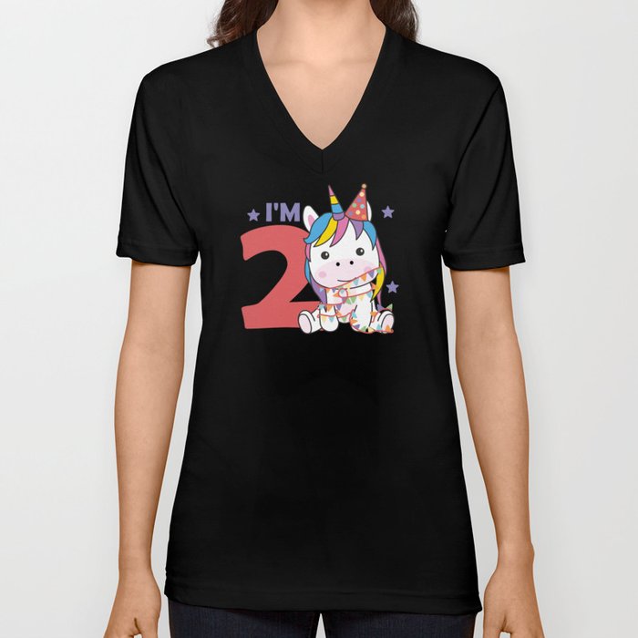 Unicorn Second Birthday For Children 2 Years V Neck T Shirt