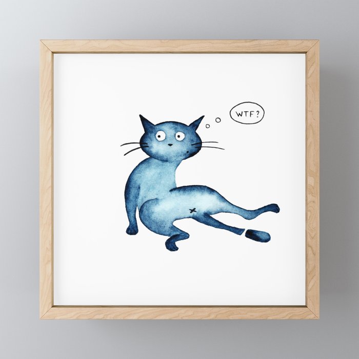 Frustrated blue cat Framed Mini Art Print