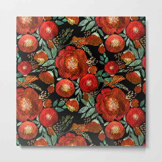 Red flowers on a black background. Metal Print
