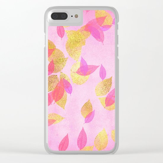 Autumn-world 5 - gold glitter leaves on pink background on #Society6 Clear iPhone Case