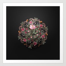 Vintage Anemone Sweetbriar Rose Flower Wreath on Wrought Iron Black Art Print
