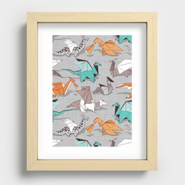 Origami dragon friends // grey linen texture background aqua orange grey and taupe fantastic creatures Recessed Framed Print