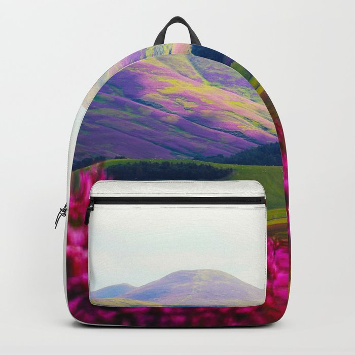 Beautiful Candy Land Fairytale Fantasy Landscape Purple pink Flowers Rolling Hills Moutains Backpack