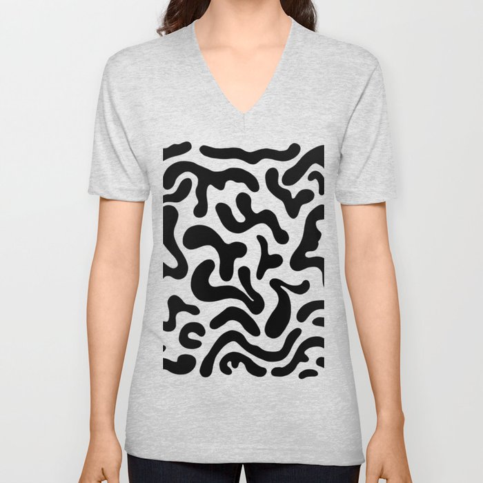 Modern Black and White Abstract Pattern V Neck T Shirt
