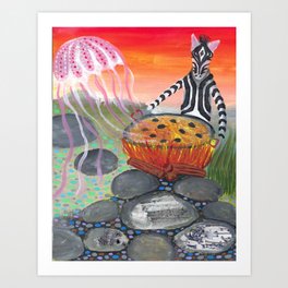 Zebra turns the paella as the Jellyfish places the mariscos Art Print